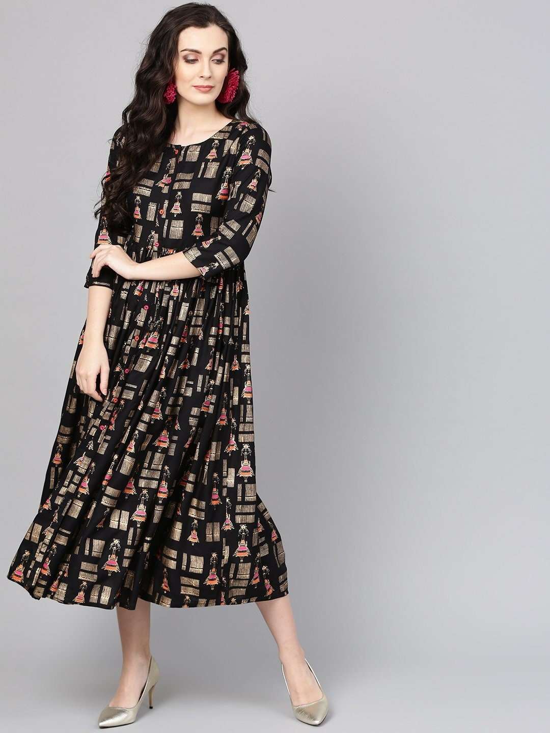 Black Quirky Print Empire Dress vitansethnics