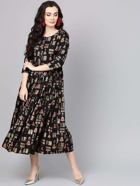 Black Quirky Print Empire Dress vitansethnics