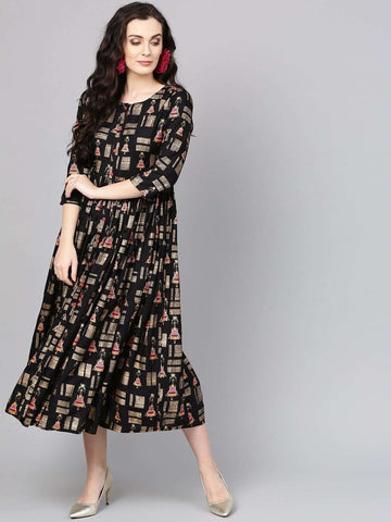 Black Quirky Print Empire Dress vitansethnics
