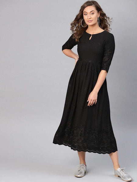 Black Embroidered Ethnic Motifs A-Line Dress (Copy) vitansethnics