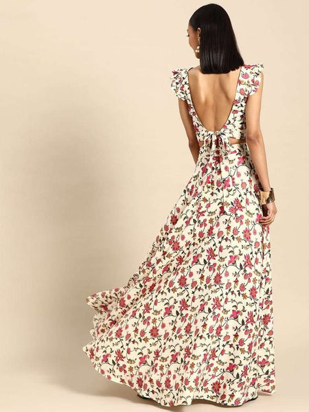 Floral Print Backless Crop Top With Skirt Set | Lehenga Choli vitansethnics