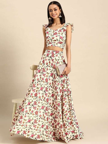 Floral Print Backless Crop Top With Skirt Set | Lehenga Choli vitansethnics