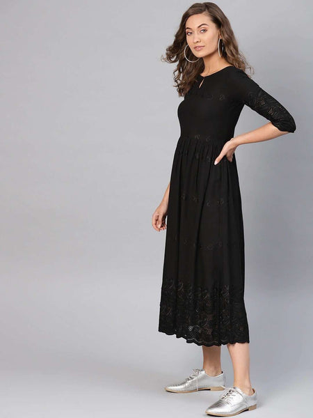 Black Embroidered Ethnic Motifs A-Line Dress (Copy) vitansethnics