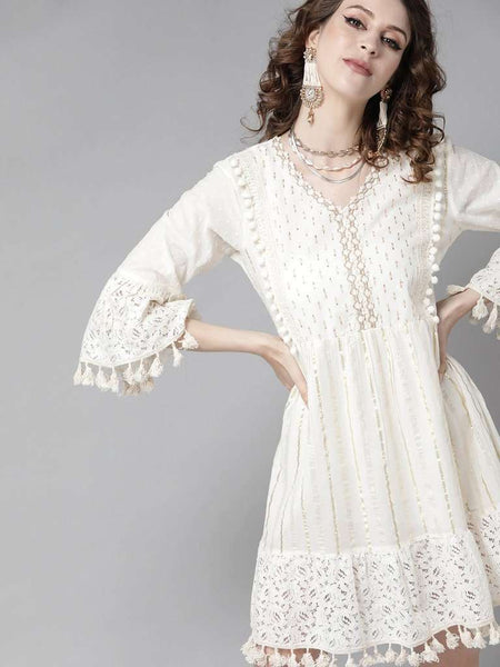 Off-White Pure Cotton Striped A-Line Dress vitansethnics