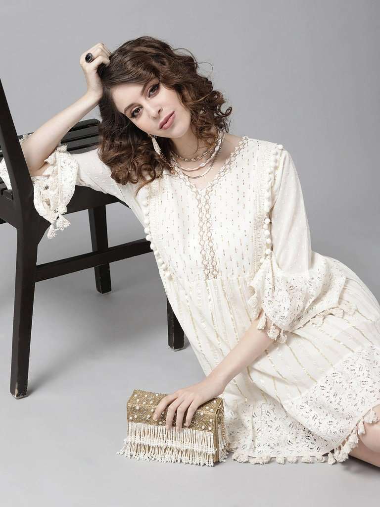 Off-White Pure Cotton Striped A-Line Dress vitansethnics
