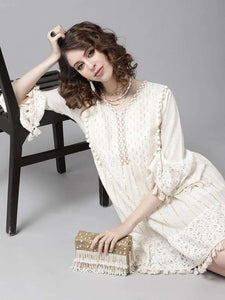 Off-White Pure Cotton Striped A-Line Dress vitansethnics