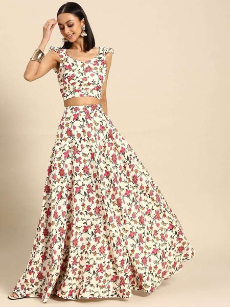 Floral Print Backless Crop Top With Skirt Set | Lehenga Choli vitansethnics