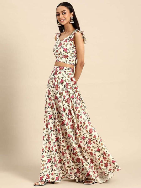 Floral Print Backless Crop Top With Skirt Set | Lehenga Choli vitansethnics