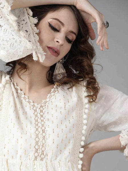 Off-White Pure Cotton Striped A-Line Dress vitansethnics