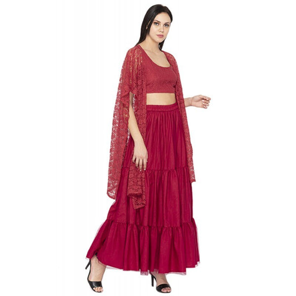 Backless Crop top With Tiered Maxi Skirt And Cape Set vitansethnics