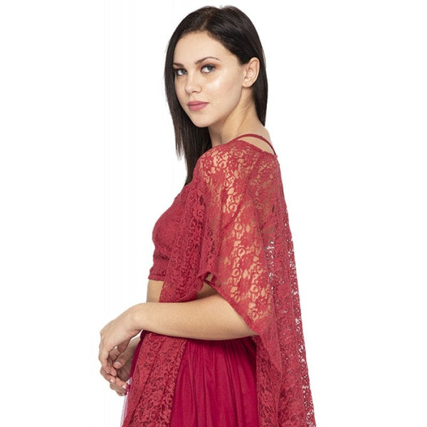 Backless Crop top With Tiered Maxi Skirt And Cape Set vitansethnics