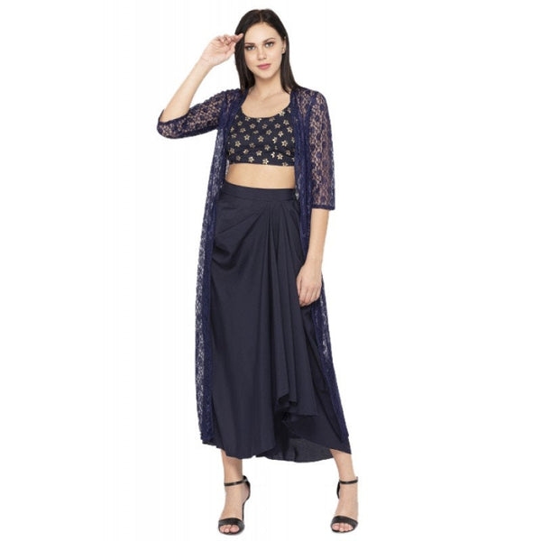Backless Crop top With Tiered Maxi Skirt And Cape Set vitansethnics