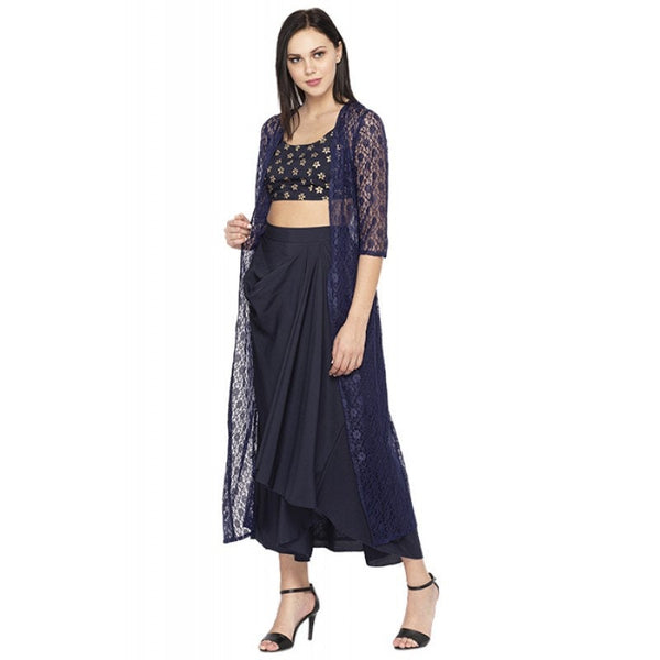 Backless Crop top With Tiered Maxi Skirt And Cape Set vitansethnics