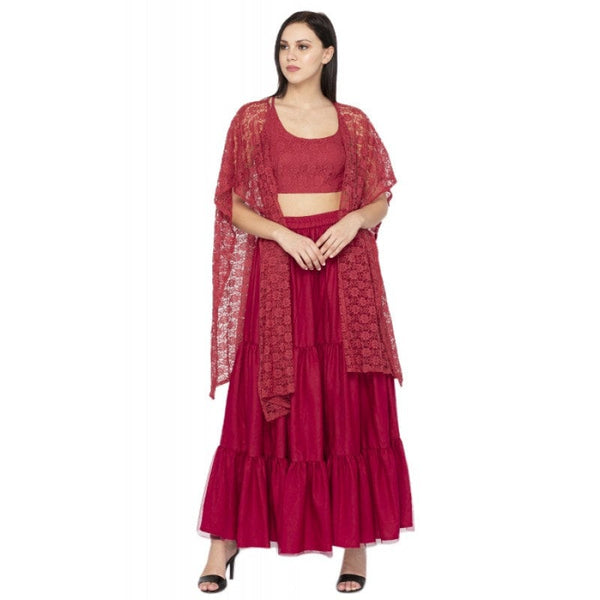 Backless Crop top With Tiered Maxi Skirt And Cape Set vitansethnics