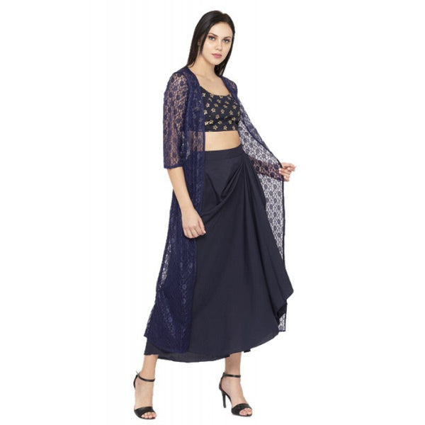 Backless Crop top With Tiered Maxi Skirt And Cape Set vitansethnics