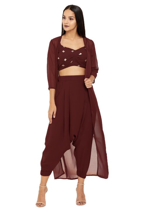 Sequin Crop Top With Dhoti Pants And Long Jacket Indowestern Set VitansEthnics
