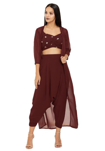 Sequin Crop Top With Dhoti Pants And Long Jacket Indowestern Set vitansethnics