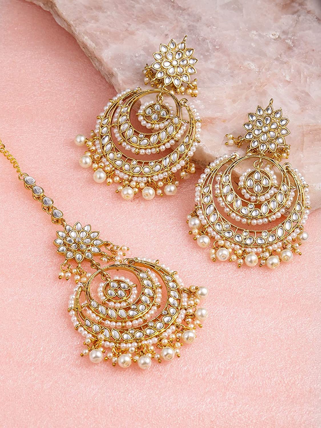 Gold Tone Kundan Pearls Traditional Earring & Maangtikka Set For Women, Earrings With Maang Tikka, Indian Jewellery Set, Wedding Jewelry VitansEthnics