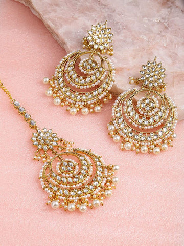 Gold Tone Kundan Pearls Traditional Earring & Maangtikka Set For Women, Earrings With Maang Tikka, Indian Jewellery Set, Wedding Jewelry VitansEthnics