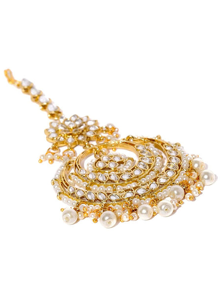 Gold Tone Kundan Pearls Traditional Earring & Maangtikka Set For Women, Earrings With Maang Tikka, Indian Jewellery Set, Wedding Jewelry VitansEthnics