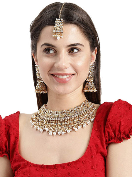 Gold-Toned AD Studded Necklace Set, Indian Jewelry, Motif Necklace Set, Wedding, Maang tikka, Bridal Set, Indian Jewellery VitansEthnics