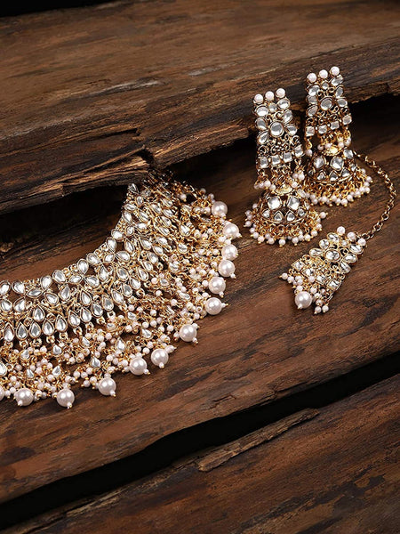 Gold-Toned AD Studded Necklace Set, Indian Jewelry, Motif Necklace Set, Wedding, Maang tikka, Bridal Set, Indian Jewellery VitansEthnics