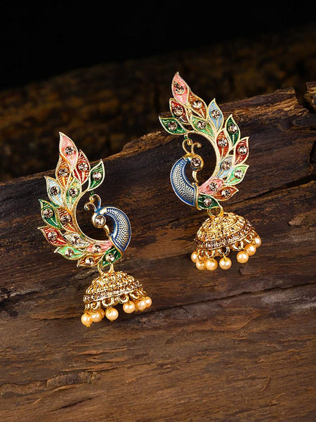Gold-Plated Indian Jhumka Earrings, Pearl Earrings, Traditional Indian Earrings, Bridal Jewelry, American Diamond Earrings, Peacock Design VitansEthnics