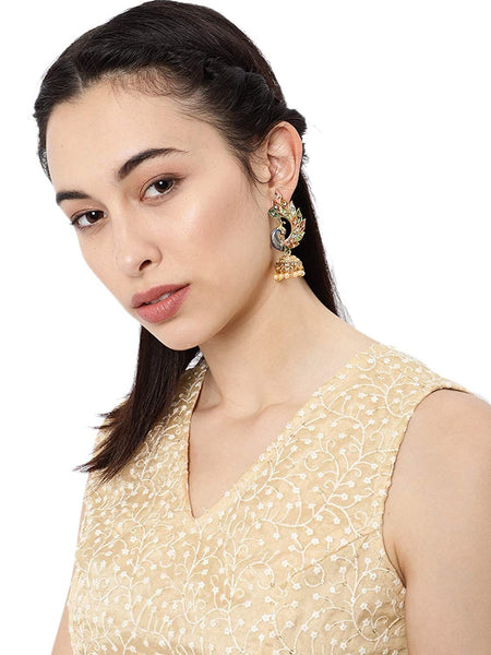 Gold-Plated Indian Jhumka Earrings, Pearl Earrings, Traditional Indian Earrings, Bridal Jewelry, American Diamond Earrings, Peacock Design VitansEthnics