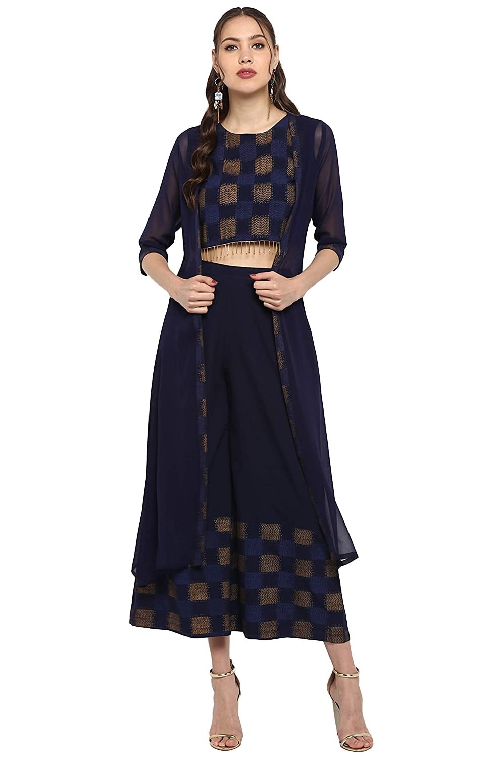 Printed Crop Top With Palazzo Pants And Shrug Set vitansethnics