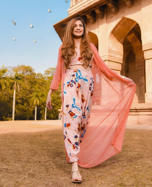 Indian Crop Top With Dhoti Pants And Shrug Set vitansethnics
