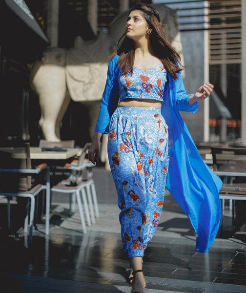 Indian Crop Top With Dhoti Pants And Shrug Set vitansethnics