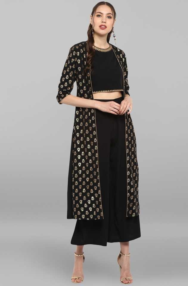Designer Crop Top and Palazzo With Printed Jacket Set vitansethnics