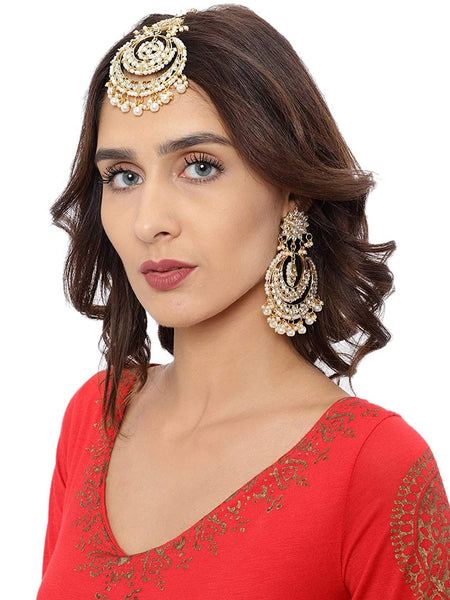 Gold Tone Kundan Pearls Traditional Earring & Maangtikka Set For Women, Earrings With Maang Tikka, Indian Jewellery Set, Wedding Jewelry VitansEthnics