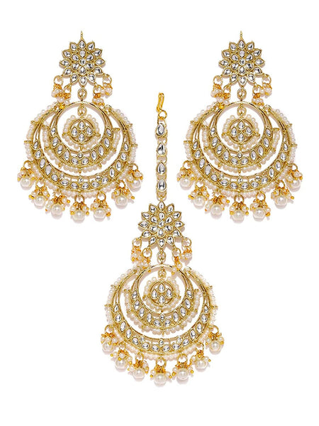 Gold Tone Kundan Pearls Traditional Earring & Maangtikka Set For Women, Earrings With Maang Tikka, Indian Jewellery Set, Wedding Jewelry VitansEthnics