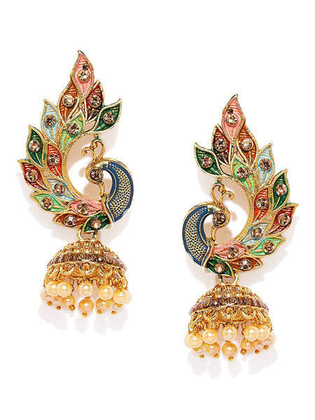 Gold-Plated Indian Jhumka Earrings, Pearl Earrings, Traditional Indian Earrings, Bridal Jewelry, American Diamond Earrings, Peacock Design VitansEthnics