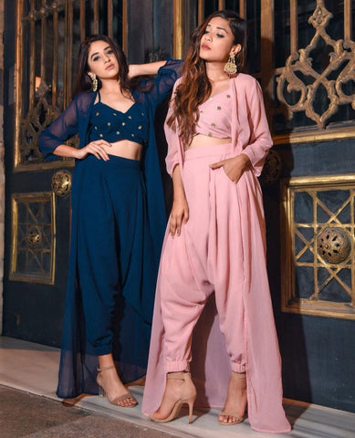 Sequin Crop Top With Dhoti Pants And Long Jacket Indowestern Set vitansethnics
