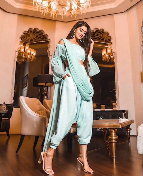 Off Shoulder Crop Top With Dhoti Pants And Attached Dupatta Set | Dhoti Saree vitansethnics