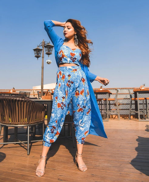 Indian Crop Top With Dhoti Pants And Shrug Set vitansethnics