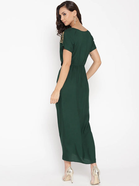 Gold Block Print Front Pleated Side Cowl Dress vitansethnics