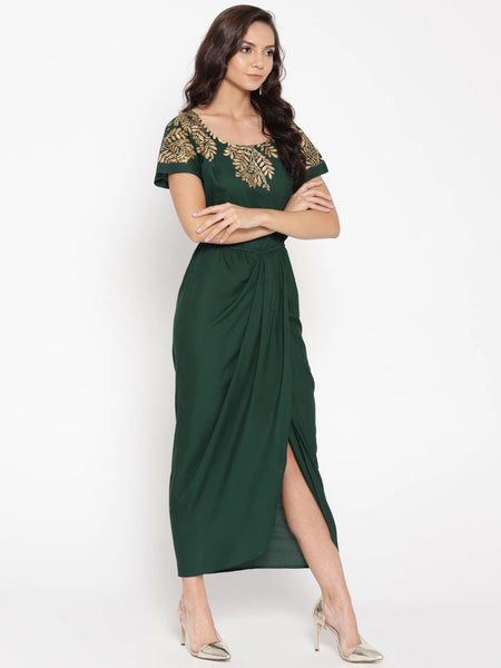 Gold Block Print Front Pleated Side Cowl Dress vitansethnics