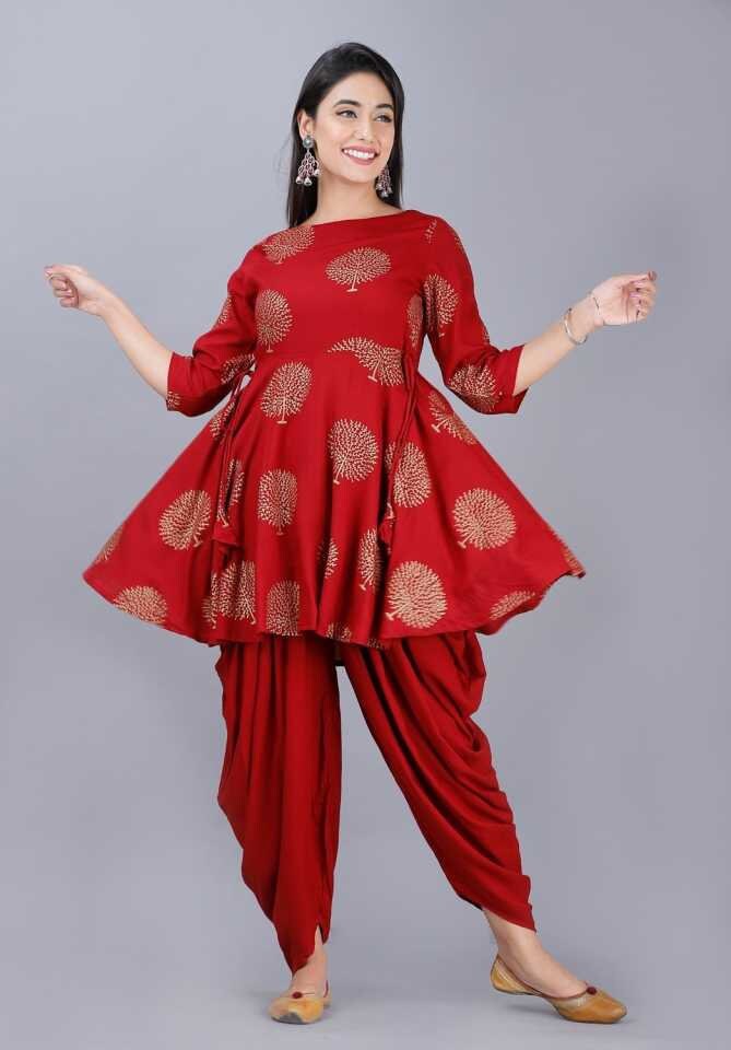 Hand Block Print Peplum Kurti with Dhoti Pants Set VitansEthnics Dark Blue M