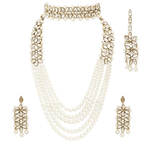 Indian Bollywood Traditional Party Wear Bridal Wedding Jewelry Set, Pearl Necklace with Earrings Maang Tikka Long Multi Layer, Jewellery Set VitansEthnics