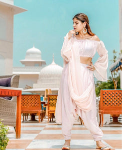 Off Shoulder Crop Top With Dhoti Pants And Attached Dupatta Set | Dhoti Saree vitansethnics