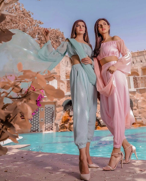 Off Shoulder Crop Top With Dhoti Pants And Attached Dupatta Set | Dhoti Saree vitansethnics
