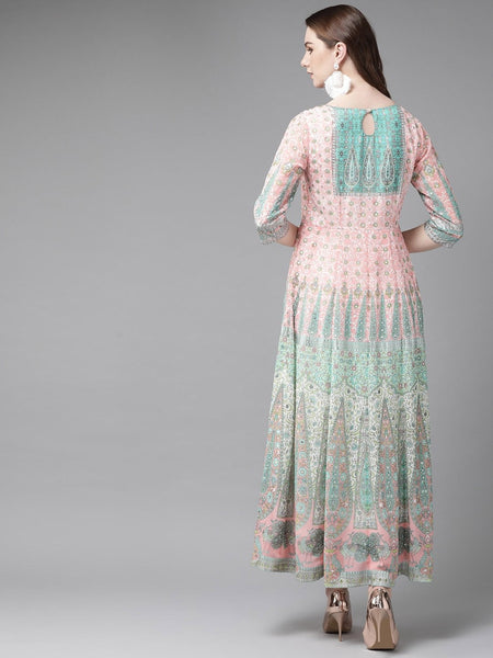 Women Pink & Green Printed Maxi Dress vitansethnics