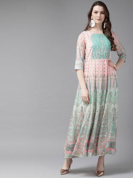 Women Pink & Green Printed Maxi Dress vitansethnics
