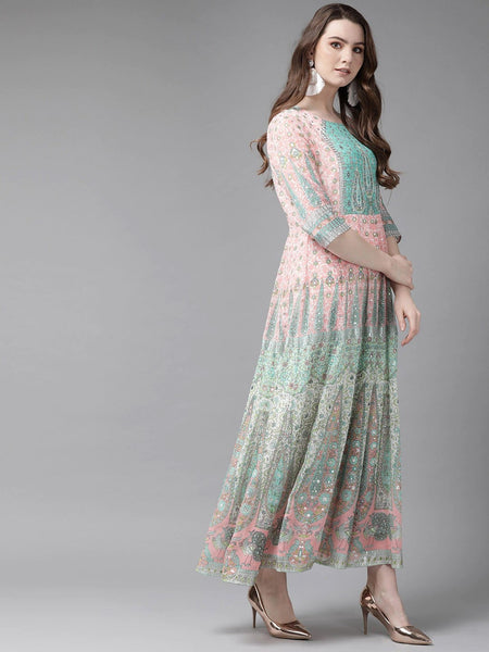 Women Pink & Green Printed Maxi Dress vitansethnics
