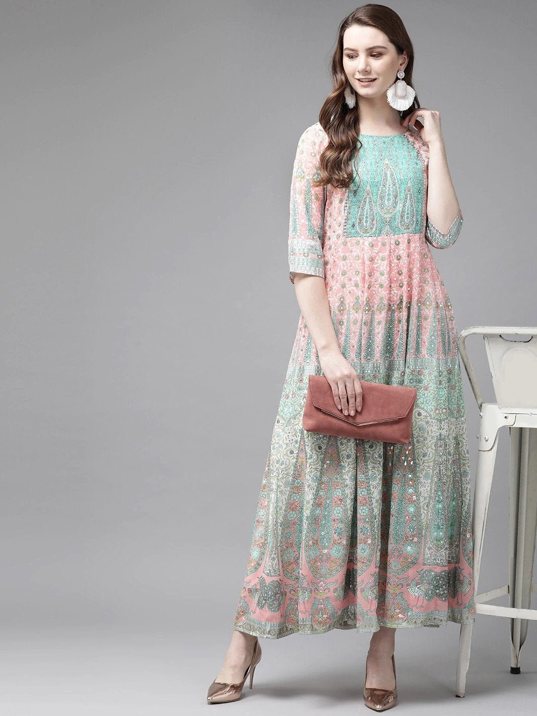 Women Pink & Green Printed Maxi Dress vitansethnics