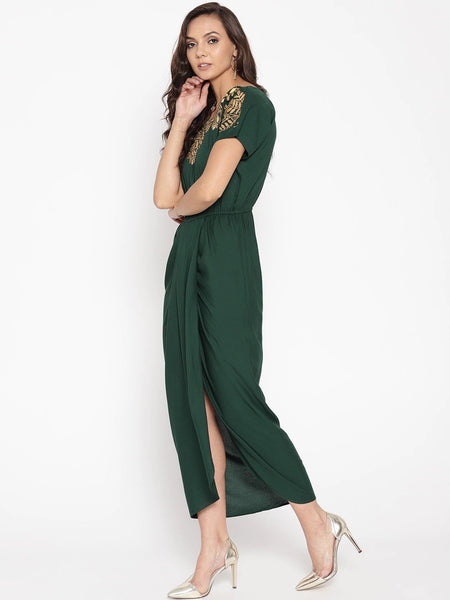 Gold Block Print Front Pleated Side Cowl Dress vitansethnics