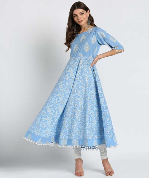 Blue & White Ethnic Motifs Printed Cotton Maxi Dress vitansethnics